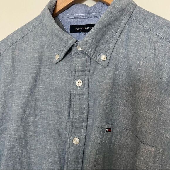 Tommy Hilfiger Shirt Mens Size XL Blue Button Down Short Sleeve Linen Blend - Picture 5 of 13